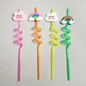 5 Parça Renkli Pipet Seti - Emojili Spiral Kokteyl- Çocuk Pipeti Temizleme Fırçalı - 3