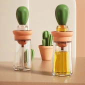 Kaktüs Yağdanlık 2 İn 1 Silikon Fırçalı Cam Yağdanlık Yumurta Ve  Sos Fırçası 150 ml - 1
