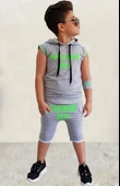 Erkek Çocuk Fashıon Boy Yazı Baskılı Kapişonlu Kolsuz Sweatshirt Gri Şortlu Takım thumbnail 2