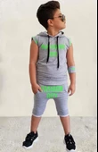 Erkek Çocuk Fashıon Boy Yazı Baskılı Kapişonlu Kolsuz Sweatshirt Gri Şortlu Takım - 2