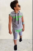 Erkek Çocuk Fashıon Boy Yazı Baskılı Kapişonlu Kolsuz Sweatshirt Gri Şortlu Takım - 3