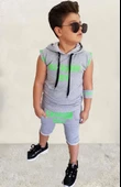 Erkek Çocuk Fashıon Boy Yazı Baskılı Kapişonlu Kolsuz Sweatshirt Gri Şortlu Takım - 1
