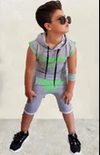 Erkek Çocuk Fashıon Boy Yazı Baskılı Kapişonlu Kolsuz Sweatshirt Gri Şortlu Takım - 4
