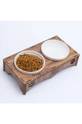 Petmagic Ahşap, Beyaz Seramik Kaseli Kedi, Mini Irk Köpek Mama Kabı, Ahşap - 1