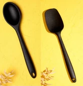 Arow 2 Parça Silikon Servis Seti - Siyah -  Kaşık + Spatula 27 cm - 1