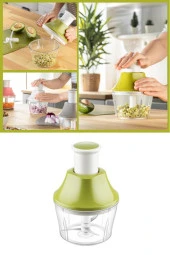 Flosoft Paslanmaz Çelik Bıçak Manuel Doğrayıcı Rondo, 3 Bıçaklı Üstten Basmalı El Robotu 700 ml Yeşil thumbnail 1