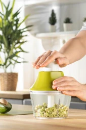 Flosoft Paslanmaz Çelik Bıçak Manuel Doğrayıcı Rondo, 3 Bıçaklı Üstten Basmalı El Robotu 700 ml Yeşil thumbnail 2
