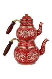 Dekoratif El Işi Büyük Boy Kırmızı Bakır Tombul Çaydanlık - 1
