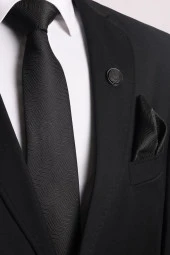 Esgue 7.5 cm Siyah Desenli Kravat Mendil Broş Hediye Seti thumbnail 1