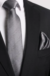 Esgue Gri Kol Düğmesi Hand Made Gri Desenli 7.5 cm Kravat Mendil Kutulu Hediye Seti - 3