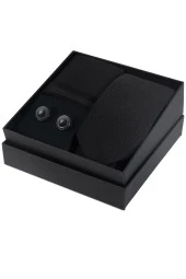 Esgue Siyah Kol Düğmesi Hand Made 7.5 cm Çizgili Desen Siyah Kravat Mendil Kutulu Hediye Seti thumbnail 1