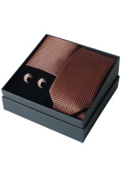 Esgue Kol Düğmesi Hand Made Kiremit Renk 7.5 cm Kravat Mendil Kutulu Hediye Seti thumbnail 1