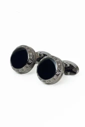 Esgue Siyah Mineli Kol Düğmesi Hand Made 7.5 cm Siyah Kravat Mendil Kutulu Hediye Seti - 2