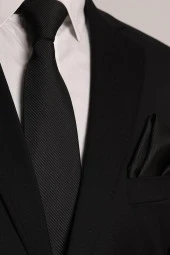 Esgue Siyah Kol Düğmesi Hand Made 7.5 cm Çizgili Desen Siyah Kravat Mendil Kutulu Hediye Seti thumbnail 3