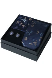 Esgue Lacivert-Siyah Kol Düğmesi Hand Made Çiçek Desenli 7.5 cm Kravat Mendil Kutulu Hediye Seti thumbnail 1