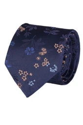 Esgue Lacivert-Siyah Kol Düğmesi Hand Made Çiçek Desenli 7.5 cm Kravat Mendil Kutulu Hediye Seti thumbnail 4