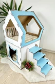 Mavitrend Ahşap Büyük Kedi Evi XXL Açık Teraslı Model 5 Kg Üstü Kediler İçin Mavi - Beyaz Renk - 5