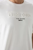 Ekru Pamuklu Kalın Yumuşak Dokulu Oversize Fit Baskılı Erkek T-Shirt - 88328 - 2