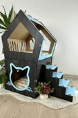 Mavitrend Ahşap Büyük Kedi Evi XXL Açık Teraslı Model 5 Kg Üstü Kediler İçin Mavi - Siyah Renk - 3
