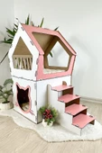 Mavitrend Ahşap Büyük Kedi Evi XXL Açık Teraslı Model 5 Kg Üstü Kediler İçin Pembe - Beyaz Renk - 1