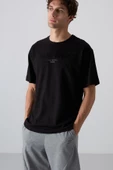Siyah Pamuklu Kalın Yumuşak Dokulu Oversize Fit Baskılı Erkek T-Shirt - 88328 - 1