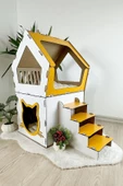 Mavitrend Ahşap Büyük Kedi Evi XXL Açık Teraslı Model 5 Kg Üstü Kediler İçin Beyaz- Sarı Renk - 1
