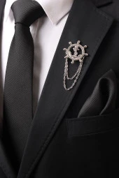 Esgue Gümüş Renk Dümen Zincirli Yaka Broş - 1