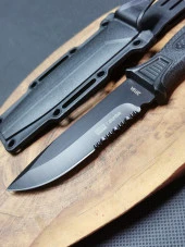 24 cm Sert Kılıflı Siyah Testere Ağızlı Yeni Avcı Bıçağı Paslanmaz Çelik thumbnail 3