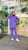 Kapşonlu Çıtçıt Detaylı Kısa Sweat Pantolon İkili Tesettür Eşofman Takımı - 03079.207 - Koyu Lila thumbnail 1
