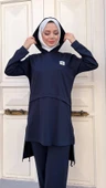 Kapşonlu Yırtmacı Bağcık Detaylı Pamuklu Tesettür Eşofman Takımı - (38-46) - 71168 - Lacivert thumbnail 2