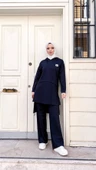 Kapşonlu Yırtmacı Bağcık Detaylı Pamuklu Tesettür Eşofman Takımı - (38-46) - 71168 - Lacivert thumbnail 11