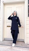 Kapşonlu Yırtmacı Bağcık Detaylı Pamuklu Tesettür Eşofman Takımı - (38-46) - 71168 - Lacivert thumbnail 5