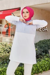 Gusto Gömlek Geçişli İki Renk Sade Çizgili Sweatshirt - 71089.002 - Beyaz thumbnail 2