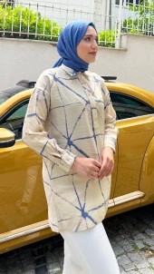 Hera Kumaşı Kendinden Detaylı Gömlek - 71123.304 - Bej - Lacivert - 1