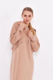 Eflatun Cepkenli Yarım Fermuarlı Elbise - 71046.026 - Bej - 4