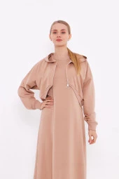 Eflatun Cepkenli Yarım Fermuarlı Elbise - 71046.026 - Bej - 5