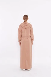 Eflatun Cepkenli Yarım Fermuarlı Elbise - 71046.026 - Bej - 3