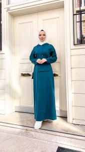 Kapşonlu Seyyar Cepli Pamuklu Elbise - 71169.033 - Petrol - 1