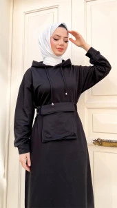 Kapşonlu Seyyar Cepli Pamuklu Elbise - 71169.003 - Siyah - 4