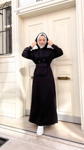 Kapşonlu Seyyar Cepli Pamuklu Elbise - 71169.003 - Siyah - 6