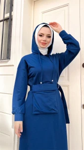 Kapşonlu Seyyar Cepli Pamuklu Elbise - 71169.006 - İndigo - 3