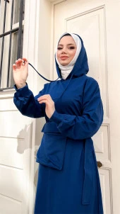 Kapşonlu Seyyar Cepli Pamuklu Elbise - 71169.006 - İndigo - 4