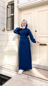 Kapşonlu Seyyar Cepli Pamuklu Elbise - 71169.006 - İndigo - 5