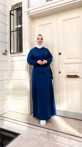 Kapşonlu Seyyar Cepli Pamuklu Elbise - 71169.006 - İndigo - 11