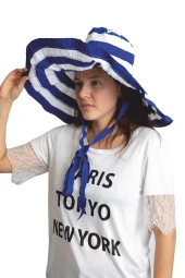 Bay Şapkacı - Yazlık Kadın Geniş Kenarlı Şeritli Şapka 5377 Lacivert thumbnail 1