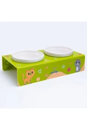 Petmagic Akrilik Pleksi Evcil Hayvan Beyaz Seramik Kaseli Kedi Mini Köpek Mama Su Kabı-Yeşil Kediler - 3