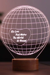 BY-LAMP Dünya Ve Kalp Figürlü Dekoratif Hediye Led Masa Lambası | 7 Işık Rengi | Ahşap Taban thumbnail 1