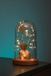 BY-LAMP Işıklı Fanus Ayı Ve Çiçek Figürlü Lamba Çocuk Odası Hediyesi Gece Lambası Ahşap Taban thumbnail 1