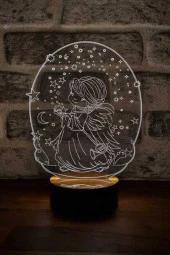 BY-LAMP Anneler Günü Hediyesi. Melek Ve Yıldız Figürlü Led Masa Lambası - Ahşap Taban thumbnail 1