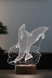 BY-LAMP Yunuslar Figürlü Dekoratif Hediye Led Masa Lambası | 7 Işık Rengi | Ahşap Taban thumbnail 1